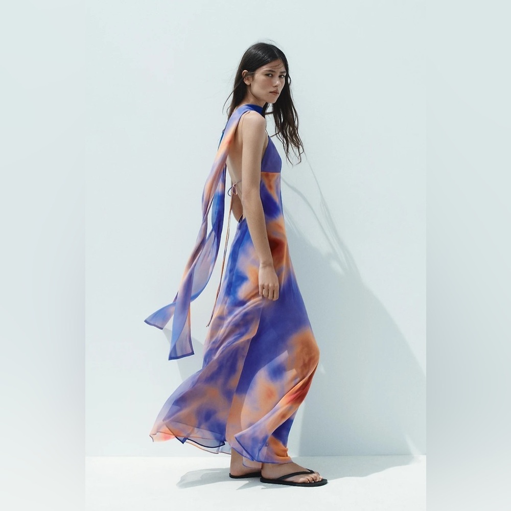 ZARA FOULARD PRINT TULLE LONG HALTER DRESS - Picture 8 of 10